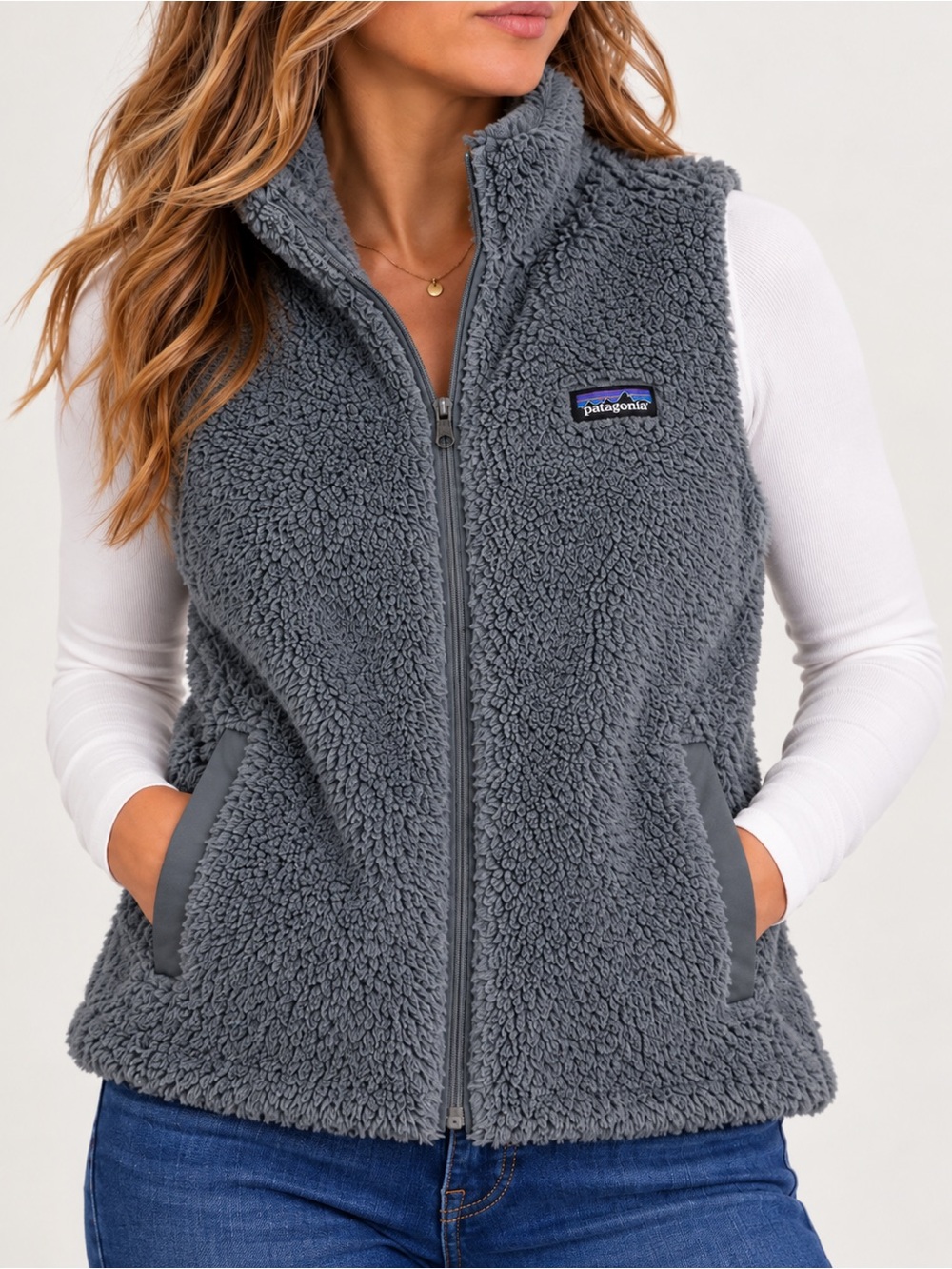 Patagonia Los Gatos blue gray sherpa fleece vest women’s XL